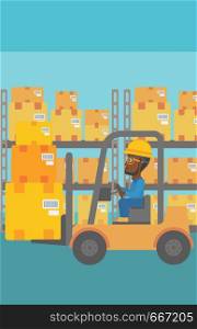 An african-american warehouse worker loading cardboard boxes. Forklift driver at work in storehouse. Warehouse worker driving forklift at warehouse. Vector flat design illustration. Vertical layout.. Warehouse worker moving load by forklift truck.
