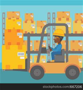 An african-american warehouse worker loading cardboard boxes. Forklift driver at work in storehouse. Warehouse worker driving forklift at warehouse. Vector flat design illustration. Square layout.. Warehouse worker moving load by forklift truck.
