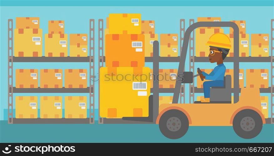 An african-american warehouse worker loading cardboard boxes. Forklift driver at work in storehouse. Warehouse worker driving forklift at warehouse. Vector flat design illustration. Horizontal layout.. Warehouse worker moving load by forklift truck.