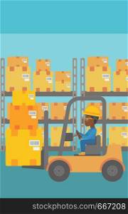 An african-american warehouse worker loading cardboard boxes. Forklift driver at work in storehouse. Warehouse worker driving forklift at warehouse. Vector flat design illustration. Vertical layout.. Warehouse worker moving load by forklift truck.