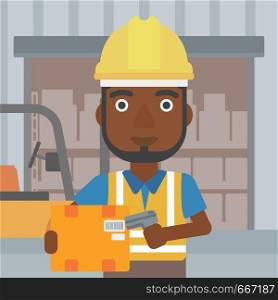 An african-american warehouse worker scanning barcode on box. Warehouse worker checking barcode of box with a scanner. Man in hard hat with scanner. Vector flat design illustration. Square layout.. Warehouse worker scanning barcode on box.
