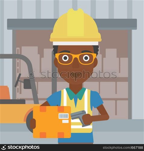 An african-american warehouse worker scanning barcode on box. Warehouse worker checking barcode of box with a scanner. Woman in hard hat with scanner. Vector flat design illustration. Square layout.. Warehouse worker scanning barcode on box.