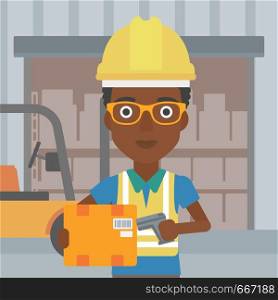 An african-american warehouse worker scanning barcode on box. Warehouse worker checking barcode of box with a scanner. Woman in hard hat with scanner. Vector flat design illustration. Square layout.. Warehouse worker scanning barcode on box.