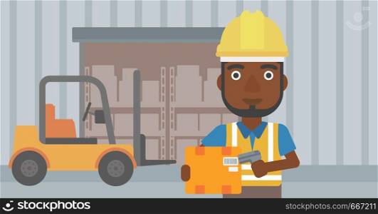 An african-american warehouse worker scanning barcode on box. Warehouse worker checking barcode of box with a scanner. Man in hard hat with scanner. Vector flat design illustration. Horizontal layout.. Warehouse worker scanning barcode on box.