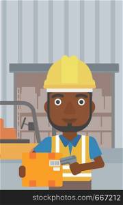 An african-american warehouse worker scanning barcode on box. Warehouse worker checking barcode of box with a scanner. Man in hard hat with scanner. Vector flat design illustration. Vertical layout.. Warehouse worker scanning barcode on box.