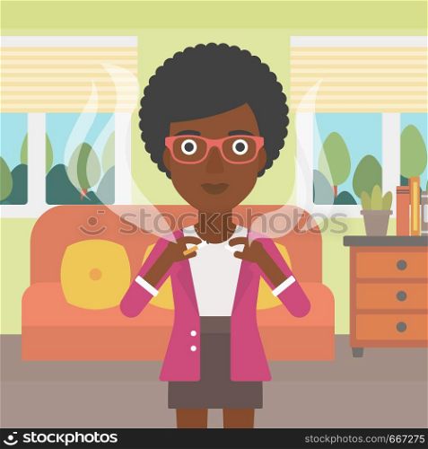 An african-american woman breaking the cigarette on the background of living room vector flat design illustration. Square layout.. Woman quit smoking.