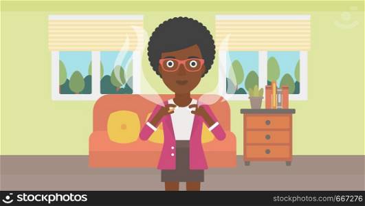 An african-american woman breaking the cigarette on the background of living room vector flat design illustration. Horizontal layout.. Woman quit smoking.