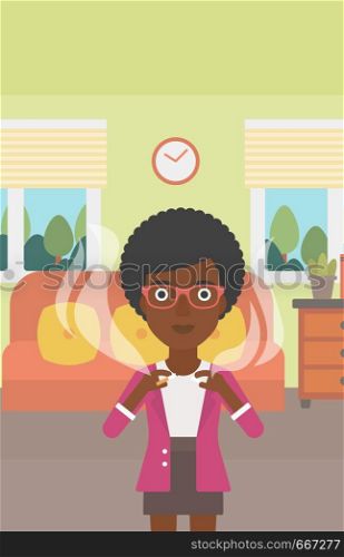 An african-american woman breaking the cigarette on the background of living room vector flat design illustration. Vertical layout.. Woman quit smoking.