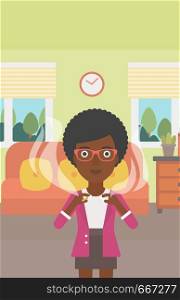 An african-american woman breaking the cigarette on the background of living room vector flat design illustration. Vertical layout.. Woman quit smoking.