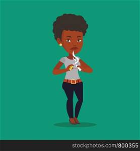 An african-american woman breaking the cigarette. Young woman crushing cigarette. Sad woman holding broken cigarette. Quit smoking concept. Vector flat design illustration. Square layout.. Young woman quitting smoking vector illustration.