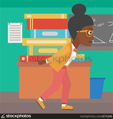 An african-american woman carrying a pile of books on her back on the background of classroom vector flat design illustration. Square layout.. Woman with pile of books.