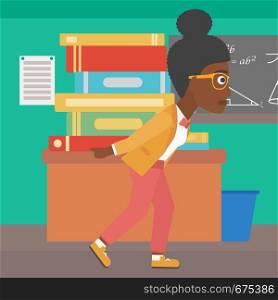 An african-american woman carrying a pile of books on her back on the background of classroom vector flat design illustration. Square layout.. Woman with pile of books.