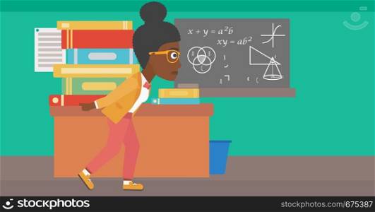 An african-american woman carrying a pile of books on her back on the background of classroom vector flat design illustration. Horizontal layout.. Woman with pile of books.