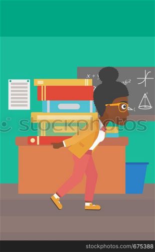 An african-american woman carrying a pile of books on her back on the background of classroom vector flat design illustration. Vertical layout.. Woman with pile of books.