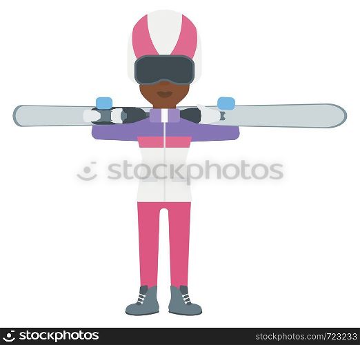 An african-american woman carrying skis on her shoulders vector flat design illustration isolated on white background.. Woman holding skis.