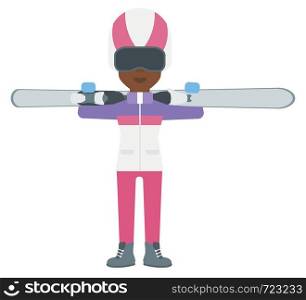 An african-american woman carrying skis on her shoulders vector flat design illustration isolated on white background.. Woman holding skis.