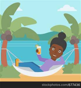 An african-american woman chilling in hammock on the beach with a cocktail in a hand vector flat design illustration. Square layout.. Woman chilling in hammock.