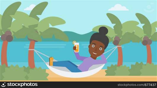 An african-american woman chilling in hammock on the beach with a cocktail in a hand vector flat design illustration. Horizontal layout.. Woman chilling in hammock.