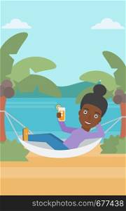 An african-american woman chilling in hammock on the beach with a cocktail in a hand vector flat design illustration. Vertical layout.. Woman chilling in hammock.