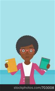 An african-american woman choosing between tablet computer and paper book. Woman holding book in one hand and tablet computer in the other. Vector flat design illustration. Vertical layout.. Woman choosing between book and tablet computer.