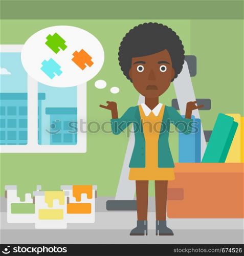An african-american woman choosing color for a room on a background of room with step-ladder, paint cans and box with wallpapers vector flat design illustration. Square layout.. Woman choosing paint color.