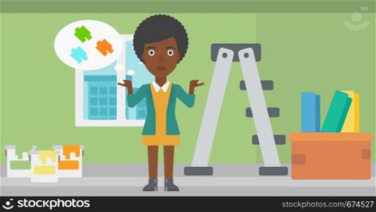 An african-american woman choosing color for a room on a background of room with step-ladder, paint cans and box with wallpapers vector flat design illustration. Horizontal layout.. Woman choosing paint color.