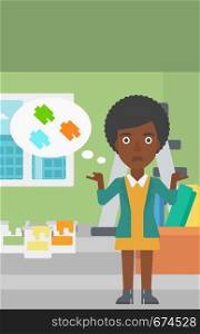 An african-american woman choosing color for a room on a background of room with step-ladder, paint cans and box with wallpapers vector flat design illustration. Vertical layout.. Woman choosing paint color.