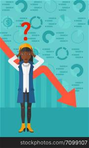 An african-american woman clutching her head and a big question mark above on the background of business graph going down vector flat design illustration. Vertical layout.. Woman clutching her head.