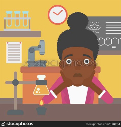 An african-american woman clutching her head on the background of chemistry class vector flat design illustration. Square layout.. Woman in despair clutching her head.