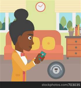 An african-american woman controlling robot vacuum cleaner with smartphone. Woman holding remote control of robotic vacuum cleaner in living room. Vector flat design illustration. Square layout.. Woman controlling vacuum cleaner with smartphone.
