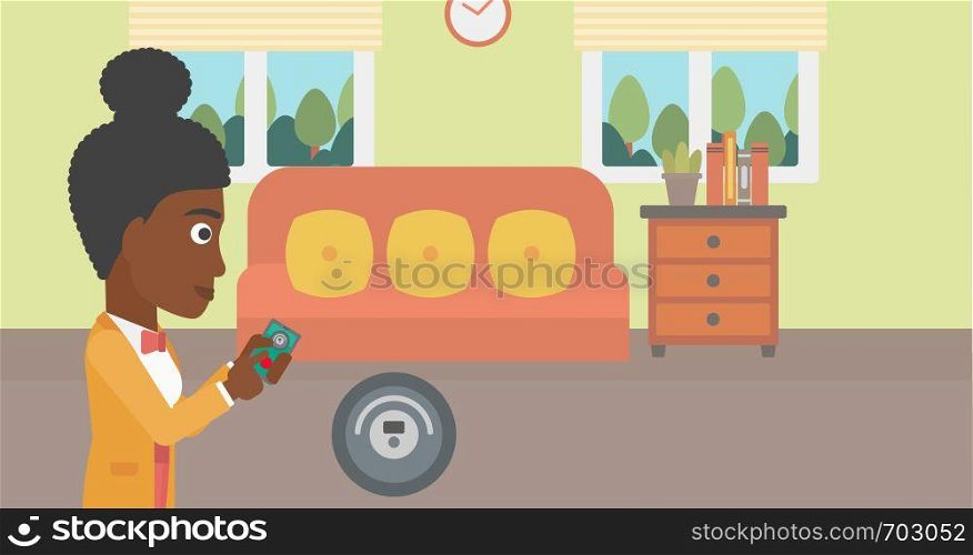 An african-american woman controlling robot vacuum cleaner with smartphone. Woman holding remote control of robotic vacuum cleaner in living room. Vector flat design illustration. Horizontal layout.. Woman controlling vacuum cleaner with smartphone.