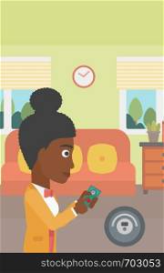 An african-american woman controlling robot vacuum cleaner with smartphone. Woman holding remote control of robotic vacuum cleaner in living room. Vector flat design illustration. Vertical layout.. Woman controlling vacuum cleaner with smartphone.
