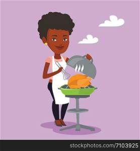 An african-american woman cooking chicken on barbecue grill outdoors. Young woman having a barbecue party. Woman preparing chicken on barbecue grill. Vector flat design illustration. Square layout.. Woman cooking chicken on barbecue grill.