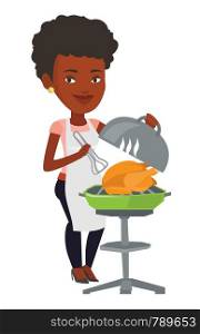An african-american woman cooking chicken on barbecue grill. Woman having a barbecue party. Woman preparing chicken on barbecue grill. Vector flat design illustration isolated on white background.. Woman cooking chicken on barbecue grill.