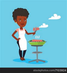 An african-american woman cooking steak on the barbecue grill. Young smiling woman preparing steak on the barbecue grill. Woman having outdoor barbecue. Vector flat design illustration. Square layout.. Woman cooking steak on barbecue grill.