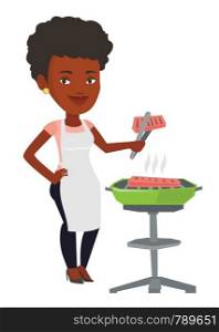An african-american woman cooking steak on the barbecue grill. Woman preparing steak on the barbecue grill. Woman having outdoor barbecue. Vector flat design illustration isolated on white background.. Woman cooking steak on barbecue grill.