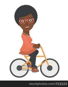 An african-american woman cycling to work vector flat design illustration isolated on white background.. Woman cycling to work.