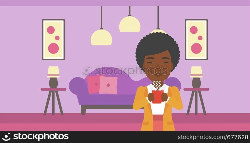 An african-american woman drinking hot flavored coffee in living room vector flat design illustration. Horizontal layout.. Woman sitting with cup of coffee.