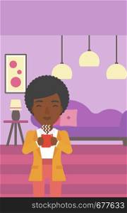 An african-american woman drinking hot flavored coffee in living room vector flat design illustration. Vertical layout.. Woman sitting with cup of coffee.