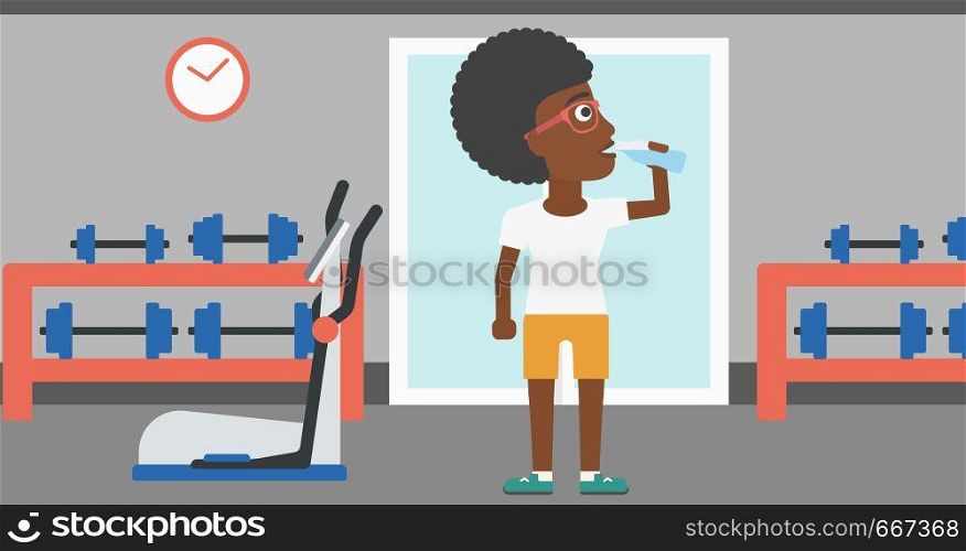 An african-american woman drinking water in the gym vector flat design illustration. Horizontal layout.. Woman drinking water.