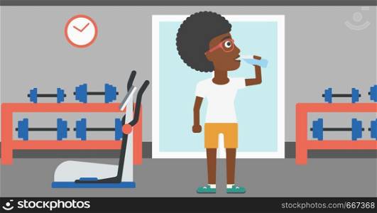 An african-american woman drinking water in the gym vector flat design illustration. Horizontal layout.. Woman drinking water.
