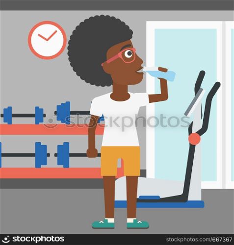 An african-american woman drinking water in the gym vector flat design illustration. Square layout.. Woman drinking water.
