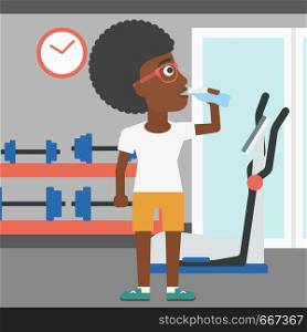 An african-american woman drinking water in the gym vector flat design illustration. Square layout.. Woman drinking water.