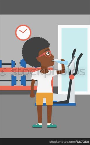 An african-american woman drinking water in the gym vector flat design illustration. Vertical layout.. Woman drinking water.