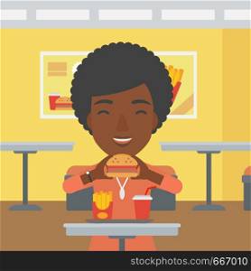 An african-american woman eating hamburger on a cafe background vector flat design illustration. Square layout.. Woman eating hamburger.