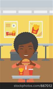 An african-american woman eating hamburger on a cafe background vector flat design illustration. Vertical layout.. Woman eating hamburger.