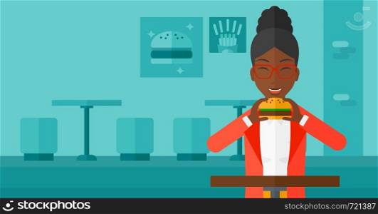 An african-american woman eating hamburger on a cafe background vector flat design illustration. Horizontal layout.. Woman eating hamburger.