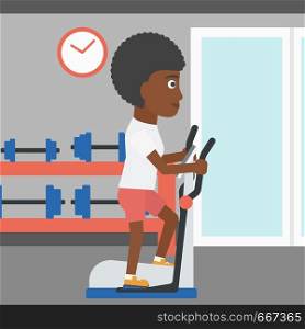 An african-american woman exercising on a elliptical machine in the gym vector flat design illustration. Square layout.. Woman making exercises.