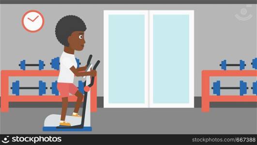 An african-american woman exercising on a elliptical machine in the gym vector flat design illustration. Horizontal layout.. Woman making exercises.