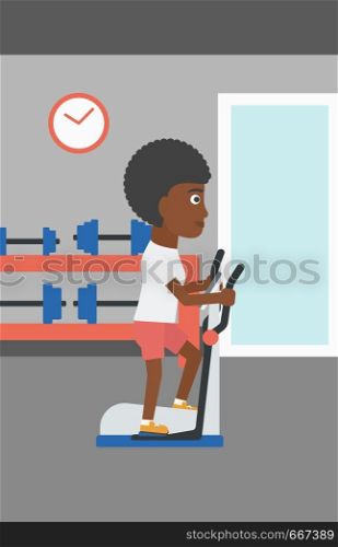 An african-american woman exercising on a elliptical machine in the gym vector flat design illustration. Vertical layout.. Woman making exercises.